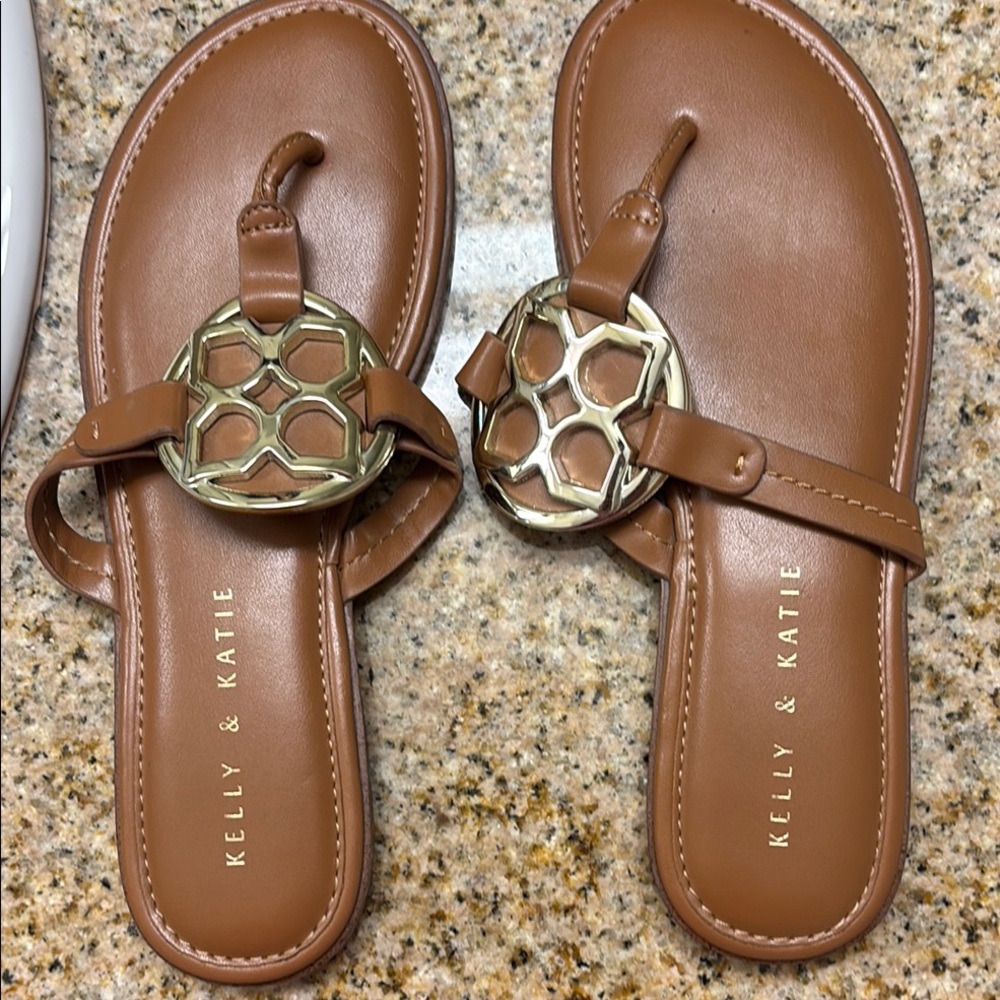 Ladies Kelly & Katie Brown Gold Sandals with Thong Design